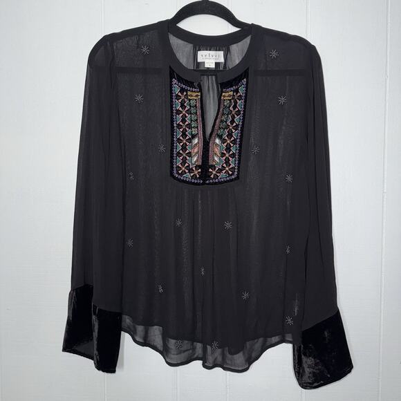 Velvet By Graham & Spencer Women’s Velvet Trimmed Embellished Blouse Black Small - Picture 1 of 6